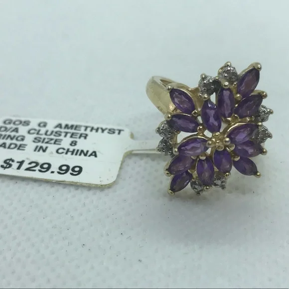 New with tag sterling silver amethyst and diamond cluster ring size 8 - Picture 2 of 5
